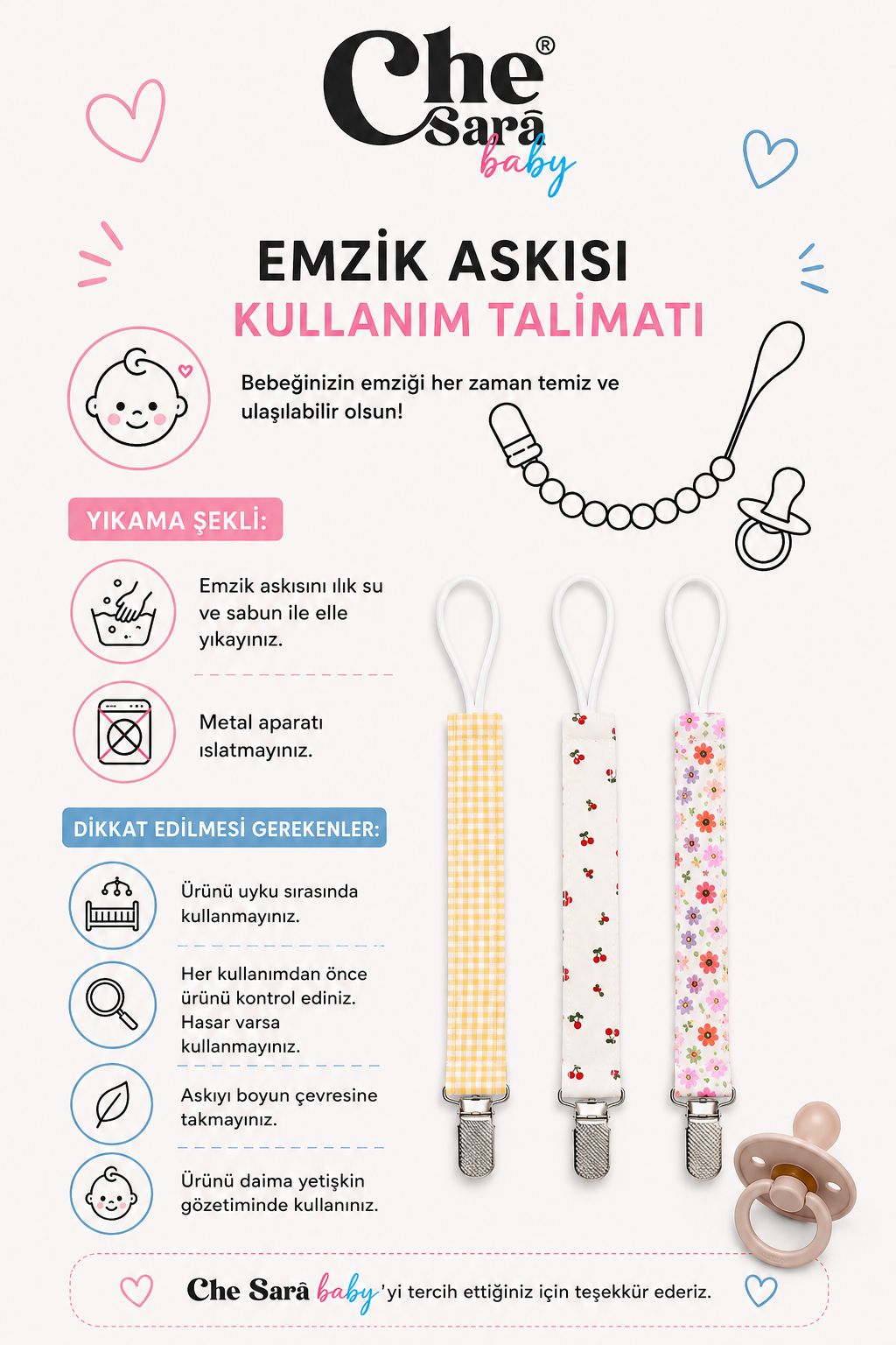 Emzik Askısı - Emzik Zinciri - Emzik Tutacağı 3'lü Set Yıkanabilir Pamuklu