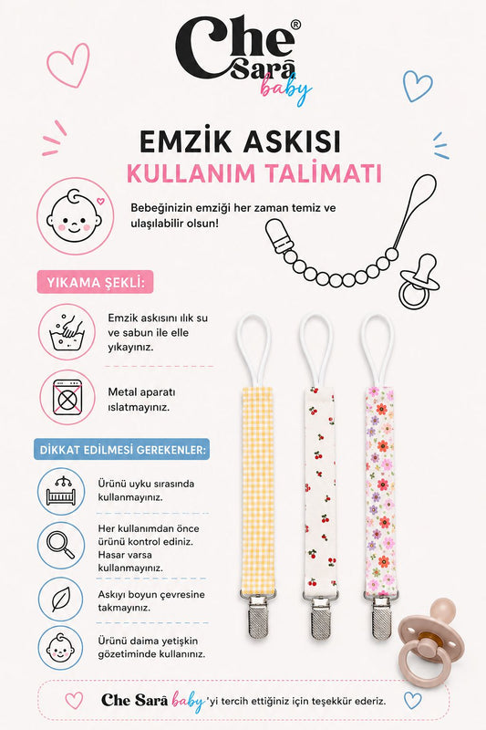 Emzik Askısı - Emzik Zinciri - Emzik Tutacağı 3'lü Set Yıkanabilir Pamuklu